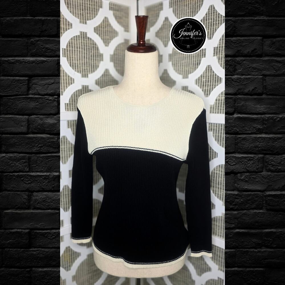 Talbots Petites Black and Cream 3/4 Sleeve Ribbed Pull Over Sweater Size Small